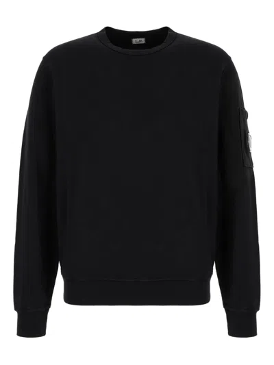 C.p. Company Brushed And Emerized Diagonal Fleece Lens Crewneck In Black