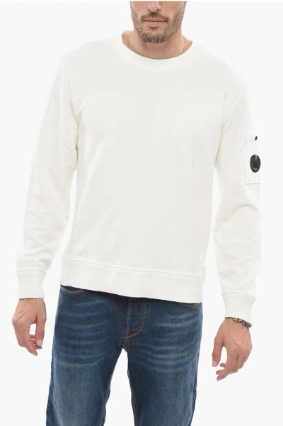 C.p. Company Brushed Cotton Crew-neck Sweatshirt With Sleeve Pocket In White