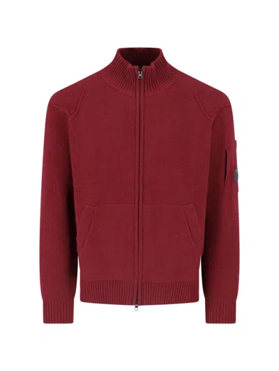 C.p. Company Burgundy Wool Blend Zip-up Cardigan With Ribbed Collar In White