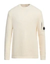 C.p. Company Men White Crewneck Sweater With Logo Plaque On The Sleeve In Wool Blend Man In White