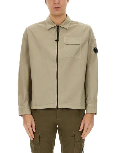C.p. Company Lens Cotton Gabardine Overshirt In Neutral