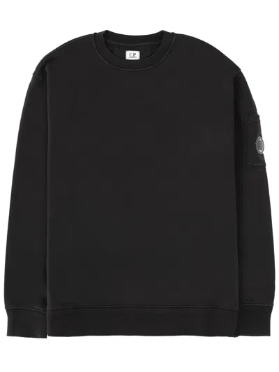 C.p. Company C. P. Company Cotton Diagonal Fleece Resist Dyed Crewneck Lens Sweatshirt In Black