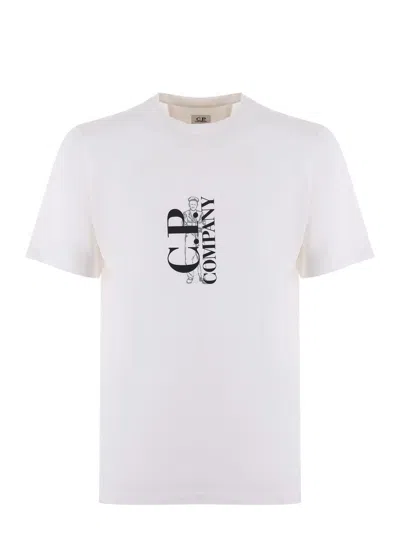 C.p. Company White T-shirt With Vertical Logo Printed On The Front In Cotton Man