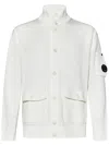 C.p. Company White Cardigan With High Neck And Lens Motif Applied On The Sleeve In Cotton Man