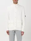 C.p. Company White Cardigan With High Neck And Lens Motif Applied On The Sleeve In Cotton Man In White