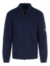 C.p. Company Ribbed Knit Zip-up Sweater With High Collar And Logo Patch In Blue