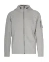 C.p. Company Grey Cardigan With Drawstring Hood And Logo Plaque On The Sleeve In Wool Blend Man In Gray