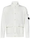C.p. Company White Cardigan With High Neck And Lens Motif Applied On The Sleeve In Cotton Man In White