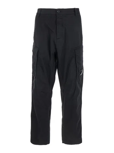 C.p. Company Men Black Pants With Cargo Pockets And Lens Motif On The Leg In Cotton Man