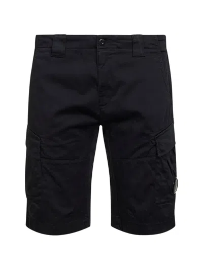 C.p. Company Blue Stretch Cotton Satin Lens Cargo Shorts In Black