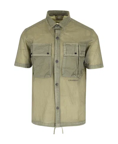 C.p. Company Cargo-pockets Semi-sheer Shirt In Bronze Green