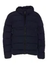 C.p. Company Blue Down Jacket With Fixed Hood And Logo Plaque On The Sleeve In Tech Fabric Man In Blue