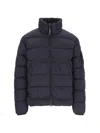 C.p. Company Blue Down Jacket With Fixed Hood And Logo Plaque On The Sleeve In Tech Fabric Man In Blue