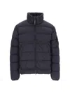 C.p. Company Blue Down Jacket With Fixed Hood And Logo Plaque On The Sleeve In Tech Fabric Man In Blue