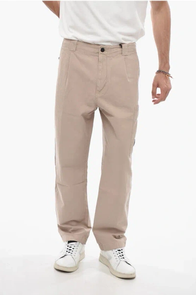 C.p. Company Cotton And Linen Single-pleat Pants With Belt Loops In Neutral