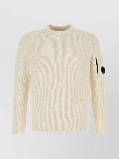 C.p. Company Cotton Blend Crew Neck Sweater With Arm Pocket In Neutral