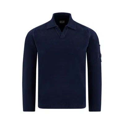 Pre-owned C.p. Company Cotton Chenille Polo Lens Sweater  'midnight Navy' | Blue | Men's Size L
