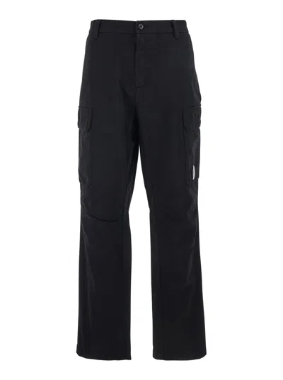 C.p. Company Black Cargo Pants With Two Cargo Pockets On The Front And Logo Plaque On The Side In Cotton Man