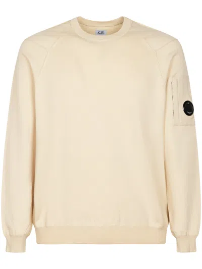 C.p. Company Cotton Sea Island Crewneck Sweater With Lens Detail In Neutral