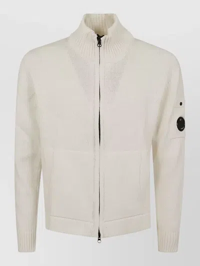 C.p. Company Cotton Zip Cardigan Ribbed Collar Sleeve Pocket In Neutral