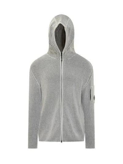 C.p. Company Hooded Ribbed Cardigan In Gray