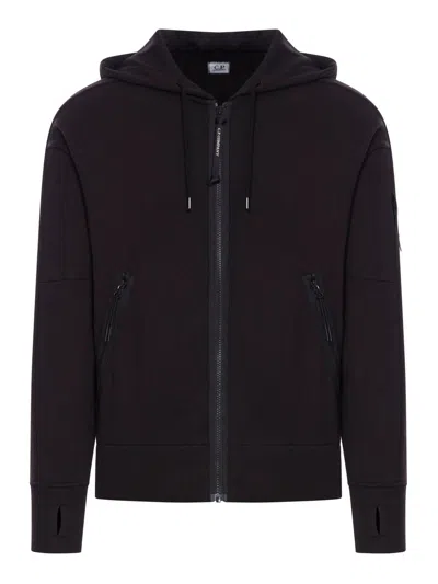 C.p. Company C.p.company Diagonal Raised Fleece Full Zip Hooded Sweatshirt In Black