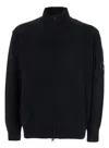 C.p. Company Black Jacket With High Neck And Logo Plaque On The Sleeve In Wool Blend Man In Black