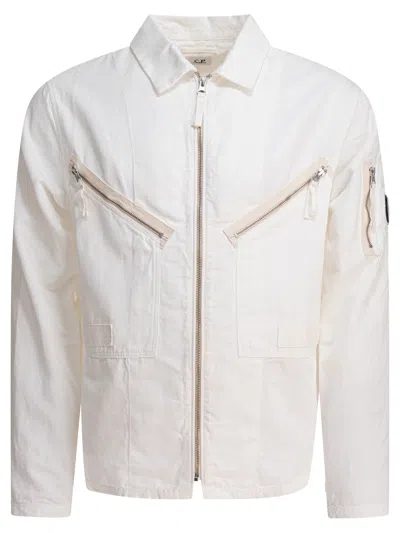 C.p. Company Arm Patch Collared Neck Multiple Zip Pockets In White