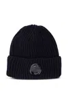 C.p. Company Men Blue Knit Beanie With Logo Plaque On The Front In Wool Man In Black