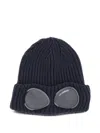C.p. Company Cable Knit Beanie With Folded Brim And Goggle In Blue