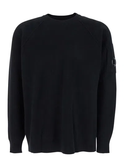 C.p. Company Black Crewneck Sweater With Logo Plaque On The Sleeve