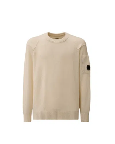 C.p. Company Crewneck Lambswool Sweater With Iconic Lens Detail In Neutral