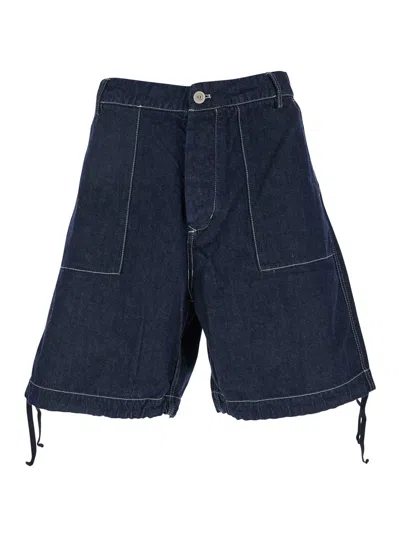 C.p. Company Dark Blue Shorts With Logo Patch On The Back In Denim Man