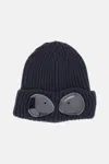 C.p. Company Cable Knit Beanie With Folded Brim And Goggle In Blue