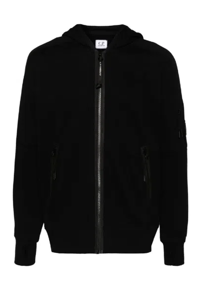 C.p. Company Diagonal Raised Fleece Full Zip Hooded Sweatshirts In Black