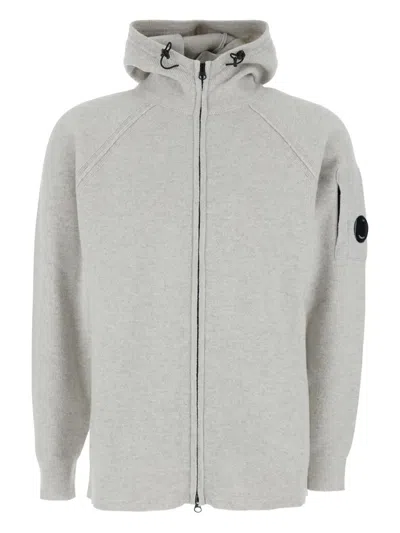 C.p. Company Grey Cardigan With Drawstring Hood And Logo Plaque On The Sleeve In Gray