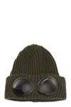 C.p. Company Men Blue And Green Wool Braided Pattern Glasses Detail Ribbed Brim Close-fitting In Olive Green