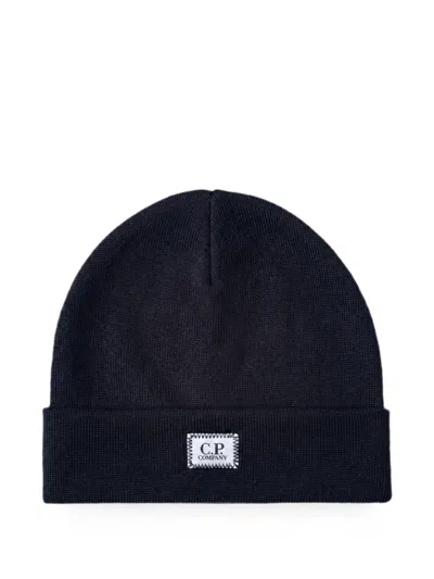C.p. Company Extrafine-merino Wool Logo-label Beanie In Blue