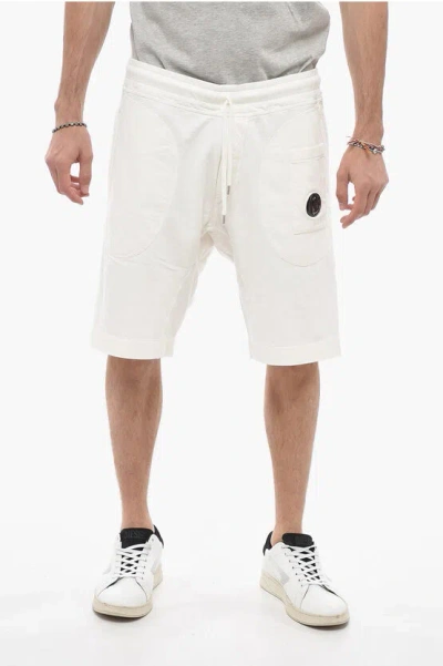 C.p. Company Fleece Cotton Shorts With Logo Patch In White