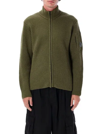 C.p. Company Textured Green Zip-up Knitwear With High Collar