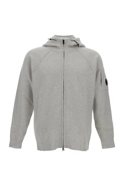 C.p. Company Full-zip Wool Blend Cardigan With Hood In Gray