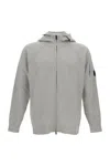 C.p. Company Grey Cardigan With Drawstring Hood And Logo Plaque On The Sleeve In Wool Blend Man In Gray