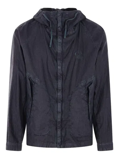 C.p. Company Goggle-detail Linen Jacket In Blue