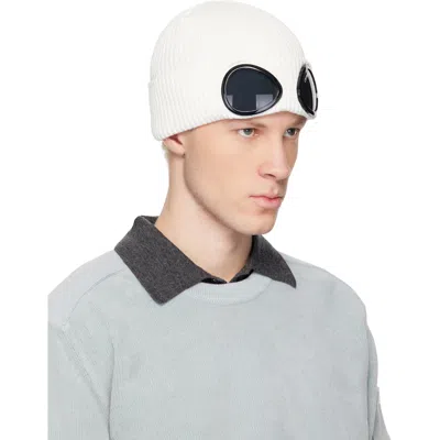 C.p. Company Goggle Ribbed Beanie Hat In White