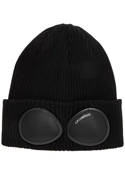 C.p. Company Goggle Ribbed Cotton Beanie In Black