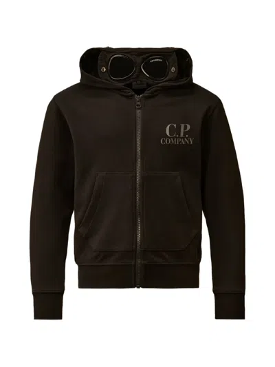 C.p. Company Kids' Goggle-detail Logo-print Hoodie In Brown