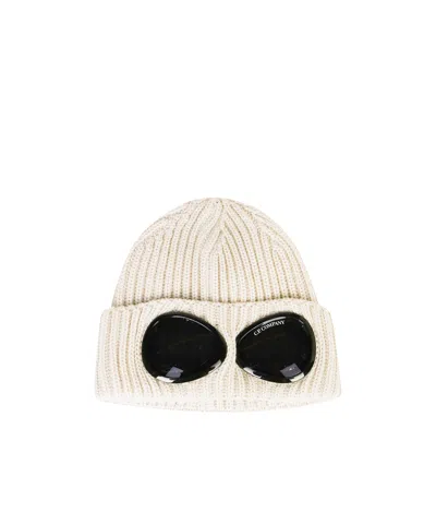 C.p. Company Goggles-detail Ribbed Beanie In White