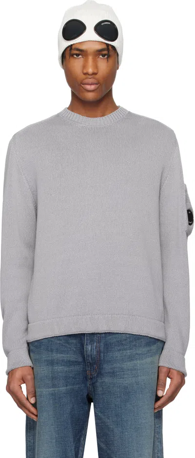 C.p. Company Gray Compact Cotton Crewneck Lens Knit Sweater In 913 Drizzle