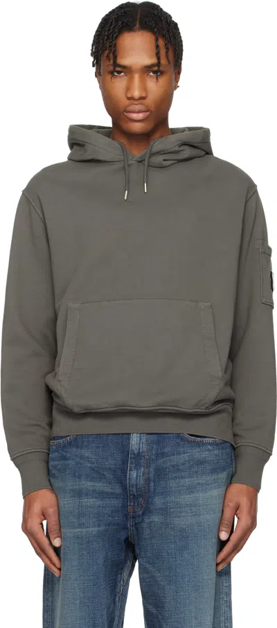 C.p. Company Gray Cotton Diagonal Fleece Resist Dyed Lens Hoodie In 935 Smoked Pearl