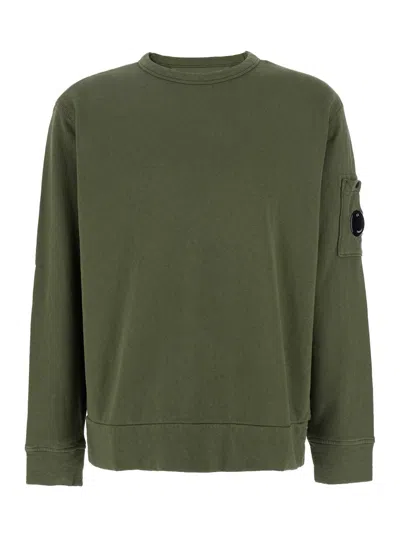 C.p. Company Green Crewneck Sweatshirt With Lens Motif On The Sleeve In Cotton Man In Multicolor
